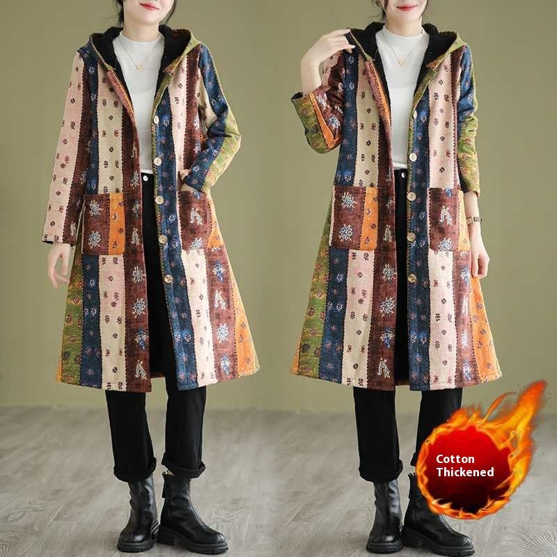 Ethnic Style Fleece-lined Thick Mid-length Trench Coat