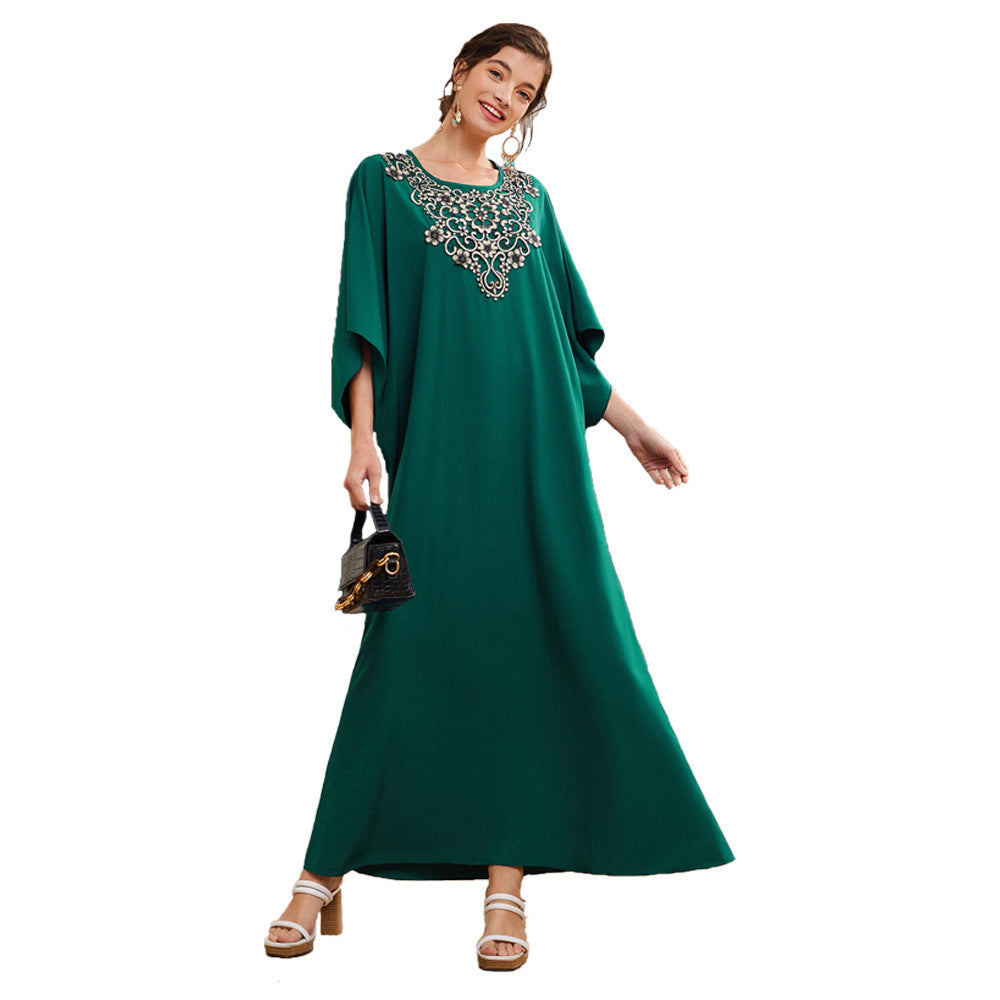 Embroidered Round Neck, Flared Sleeves, Mid-Sleeves, Big Skirts, Long Skirts, Urban Long Dresses