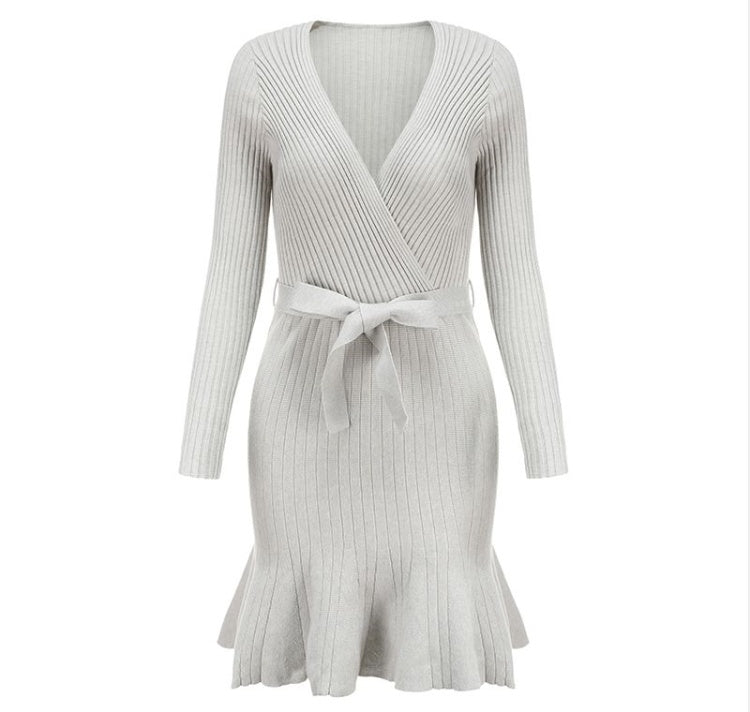 Sexy V Neck Knitted Dresses Women Long Sleeve