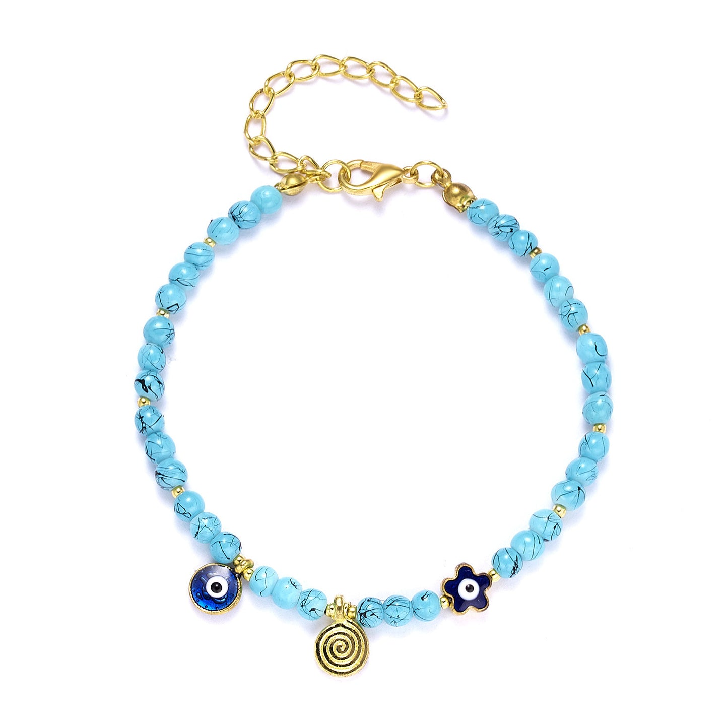 Palm Blue Eyes Flowers Dragonfly Evil Eyes Rhinestone Beads Alloy Bracelet