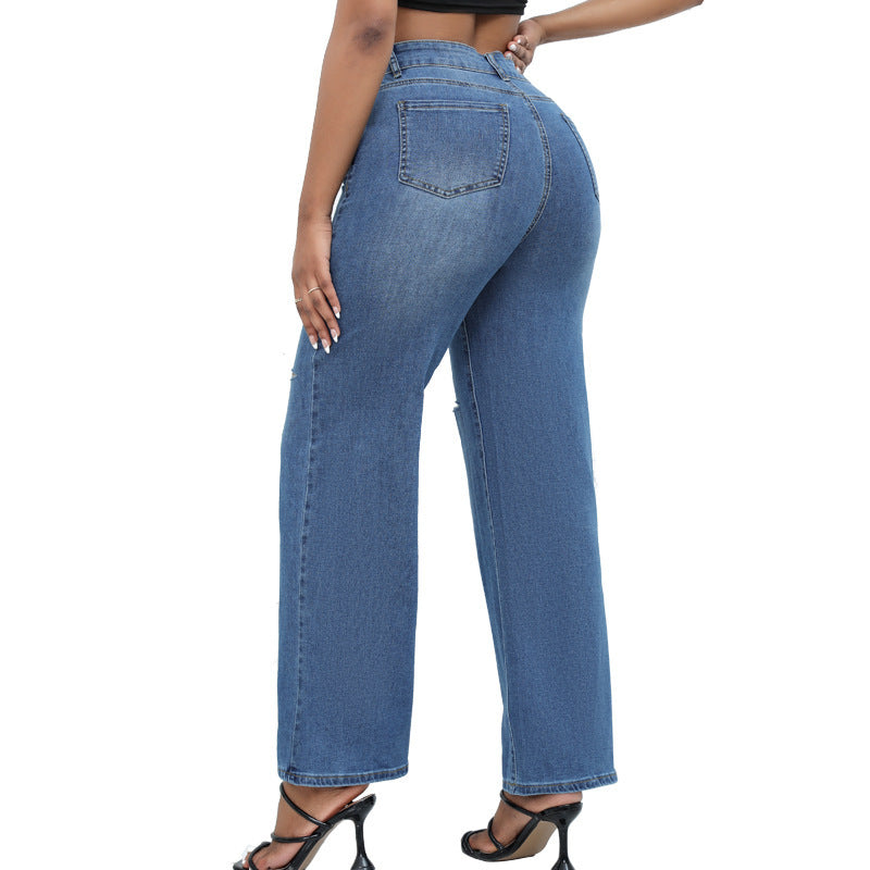 Elegant Ripped Wide-leg Jeans Women