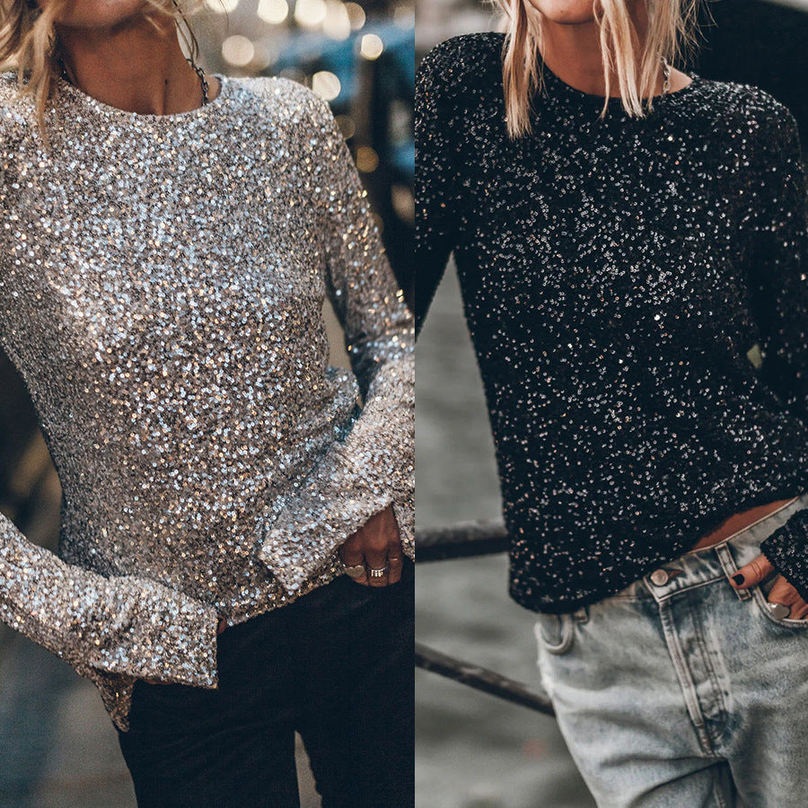 European And American Party Sequined Long Sleeve Round Neck Shirt