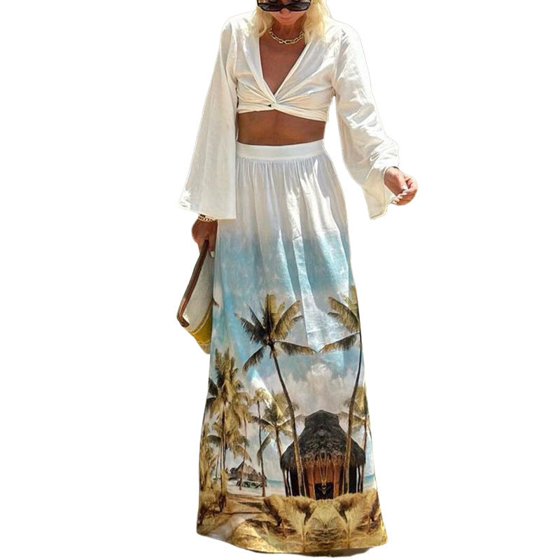 Floral Print Beach Skirt Midriff-baring Top Suit Two-piece Set