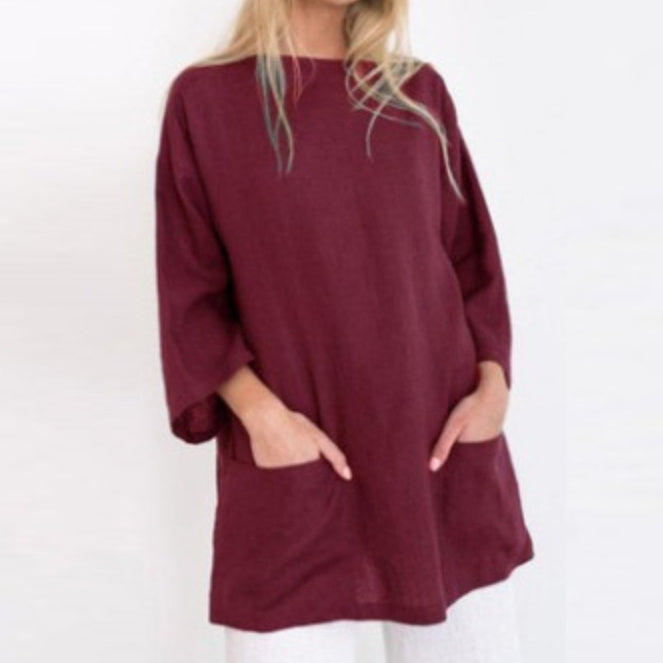 Solid Color Cotton And Linen Loose Pockets Half Sleeve Top