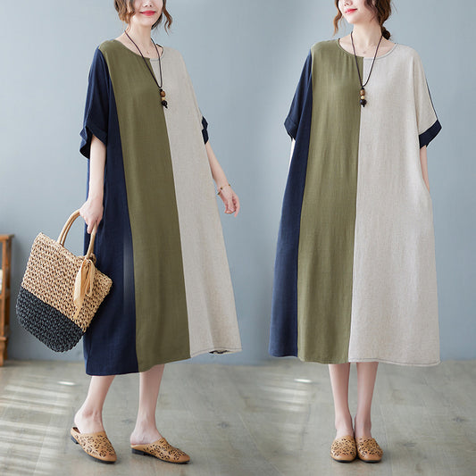 Cotton And Linen Loose Half Sleeve Contrast Paneled Dress