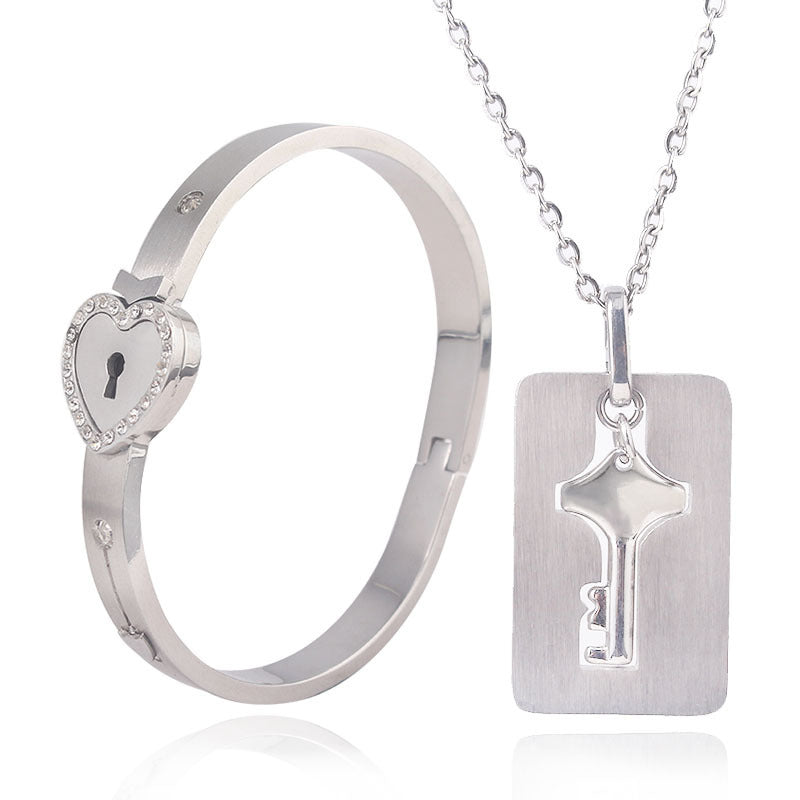 Fashion Jewelry Titanium Steel Couple Love Lock, Bracelet, Key Set, Necklace