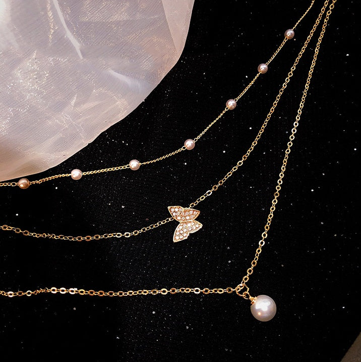 Multilayer Pearl Butterfly Necklace