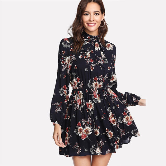 Autumn Floral Women Dresses Multicolor Elegant Long Sleeve High Waist A Line Chic Dress Ladies Tie Neck Dress