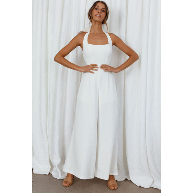 Women's Pure Color Halter Backless Wide Leg Leisure Jumpsuit