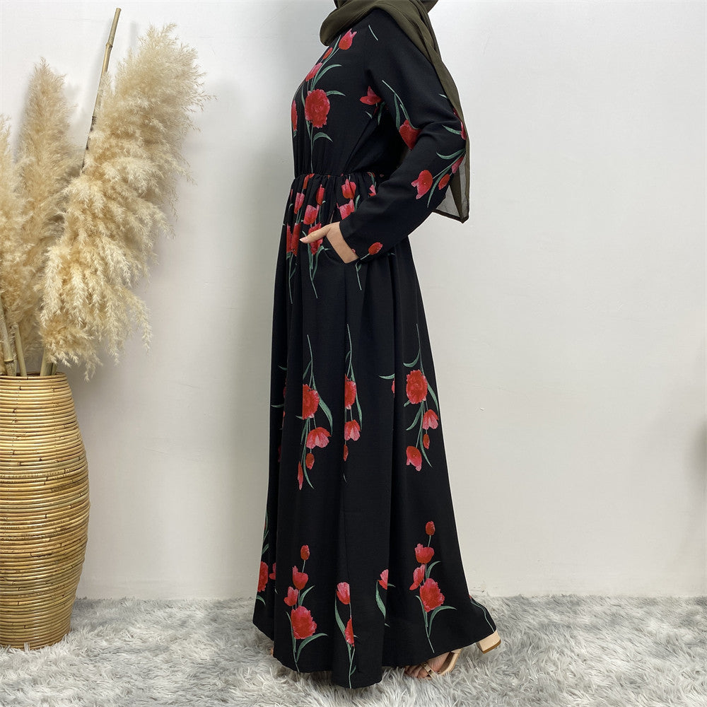 Fashion Big Rose Print Robe Dubai Dress