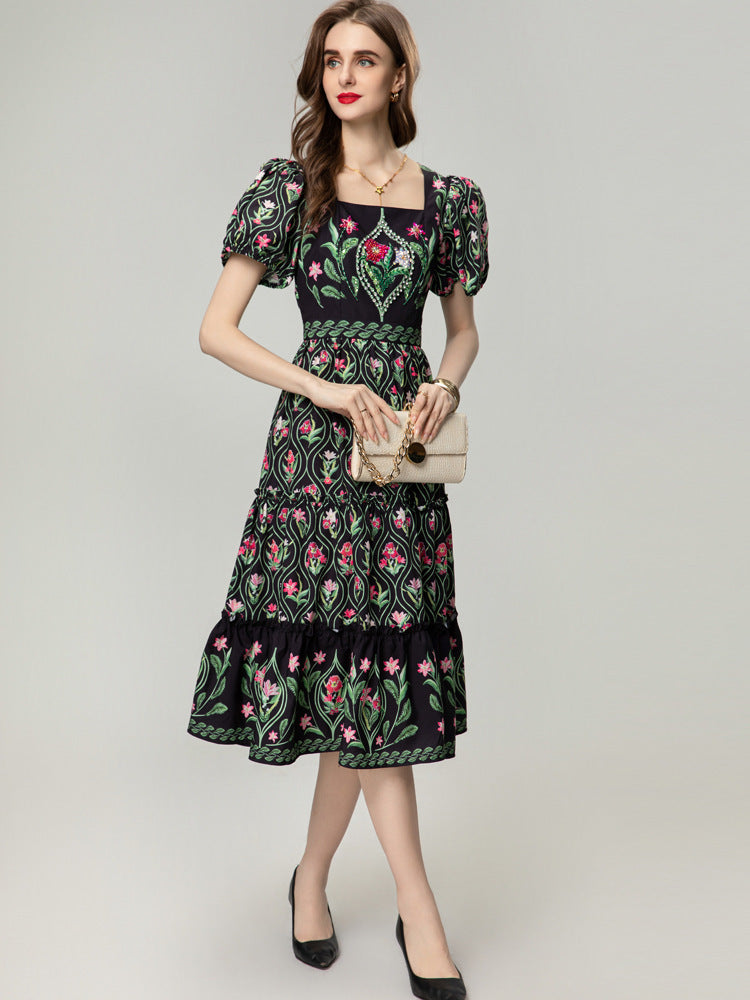 Vintage Print Romantic Dress Women