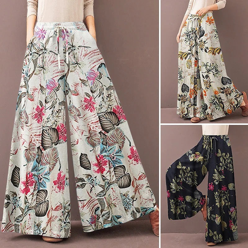 Women's Elastic Waist Casual Floral Wide-leg Pants