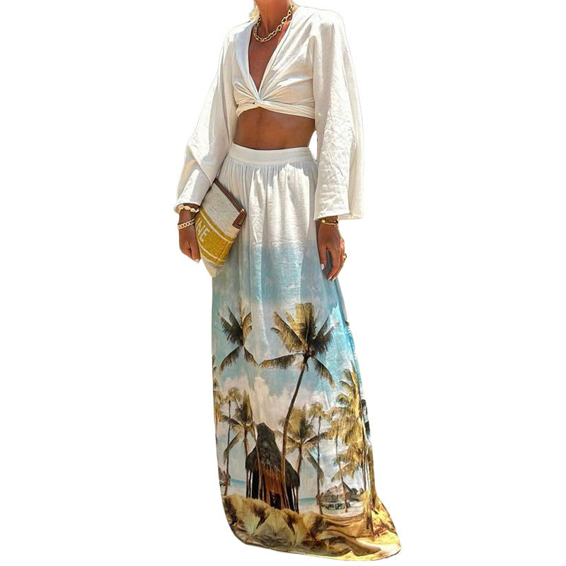 Floral Print Beach Skirt Midriff-baring Top Suit Two-piece Set