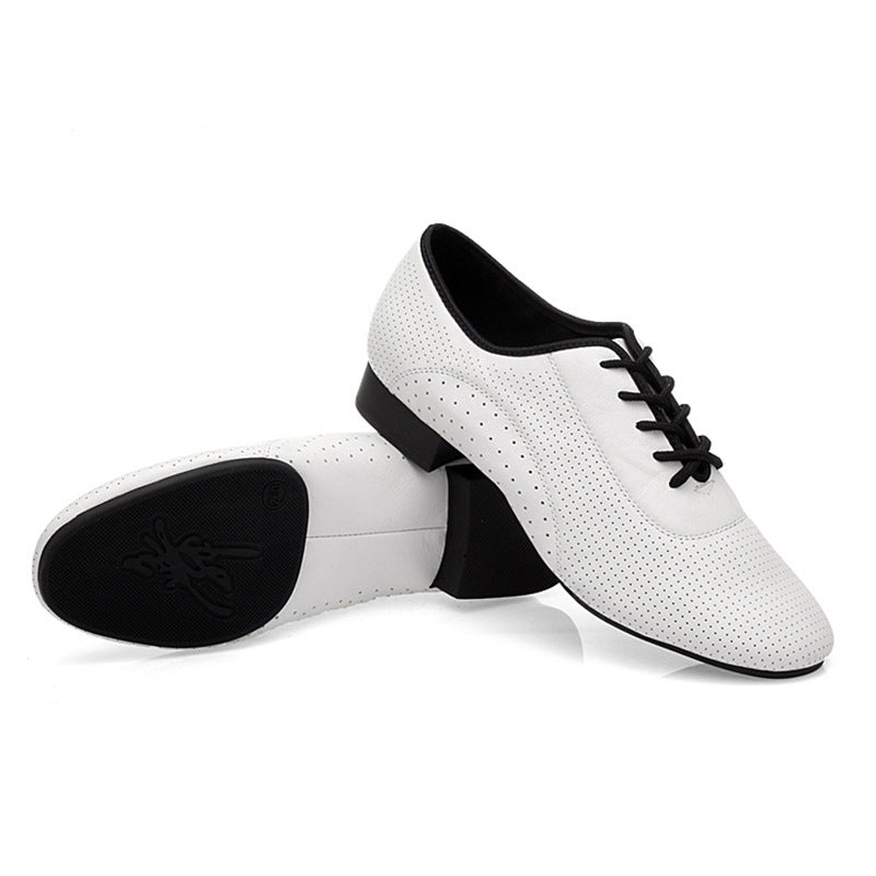 Leather Men's Modern Dance Shoes White Outdoor Rubber Sole Low Heel Latin Dance Shoes