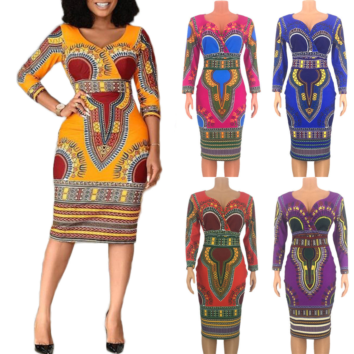 Women's African-style Three-quarter Sleeve V-neck Dress