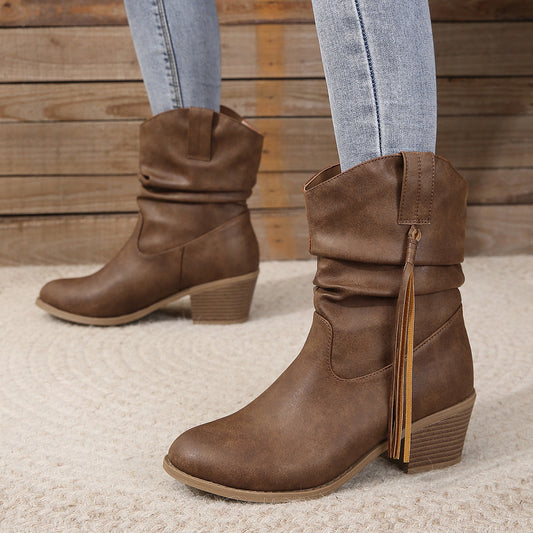 Retro Tassel Boots Winter Thick Square Heel Mid-calf Knight Western Boots Woman Fashion Shoes