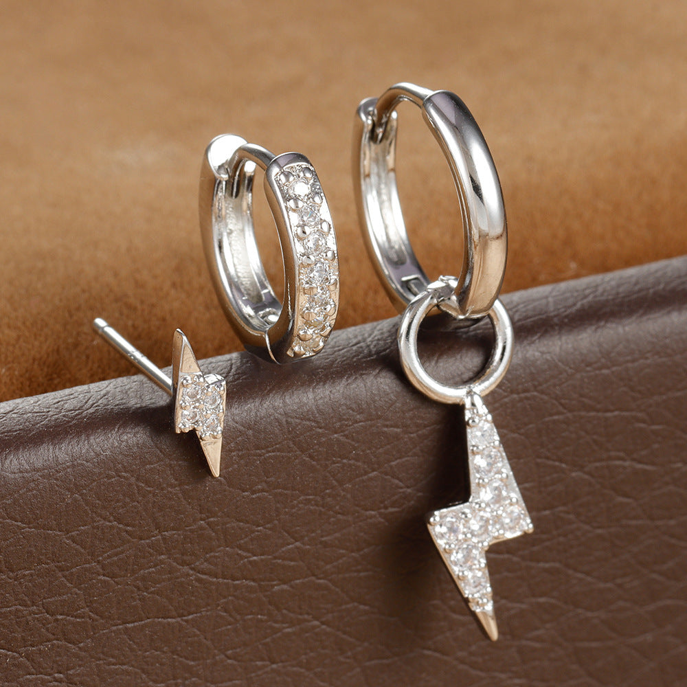 Diamond-embedded Lightning-shaped Petite Earrings Three-piece Set