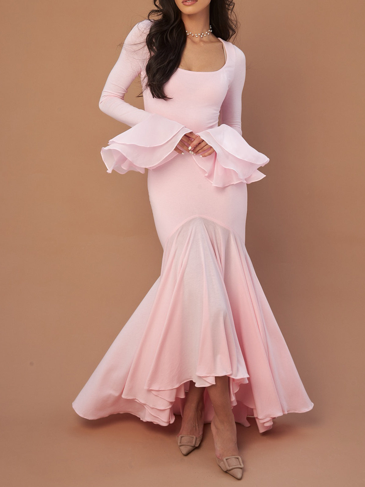 Solid Color Double Layer Ruffle Sleeves Maxi Dress