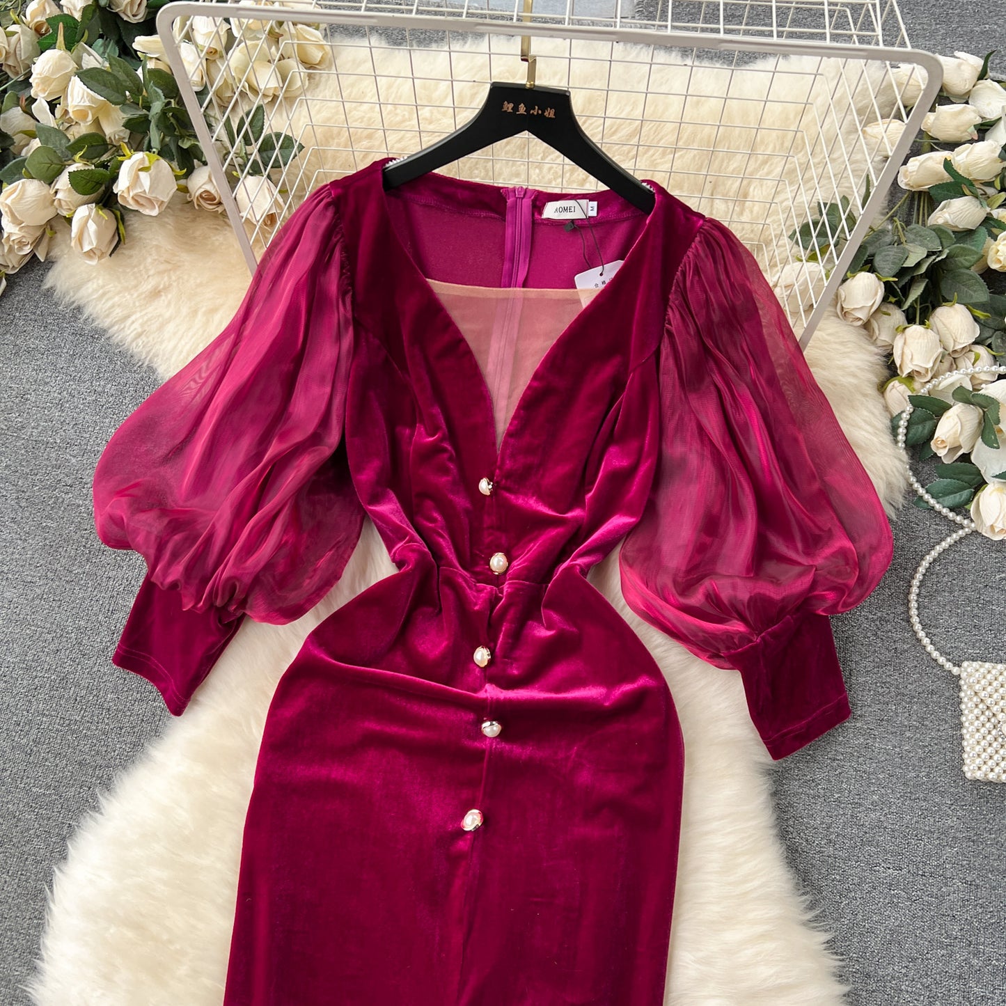 Vintage Velvet Dress High-end Affordable Luxury Niche Lantern Sleeve Slim Mid-length Split Knee-length Court Style Dress