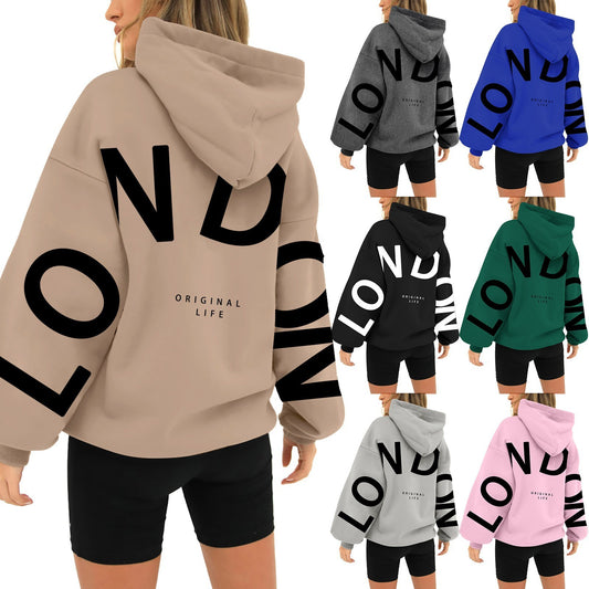 Printed Long Sleeve Loose Pockets Hooded Sweater