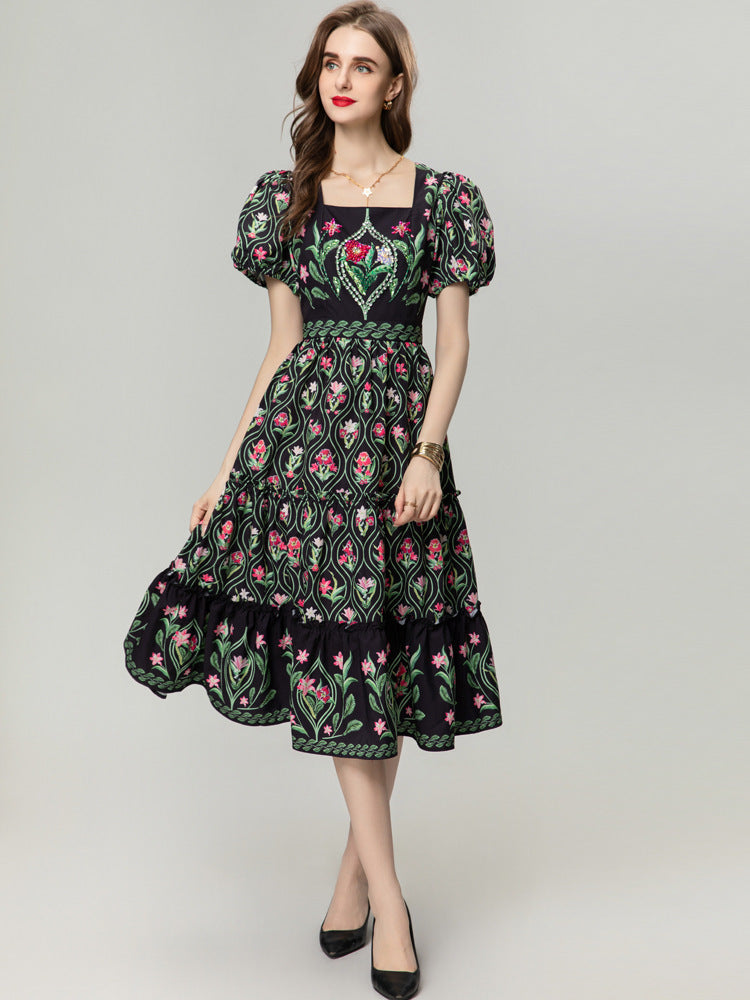 Vintage Print Romantic Dress Women