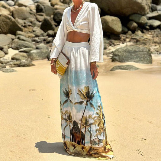 Floral Print Beach Skirt Midriff-baring Top Suit Two-piece Set