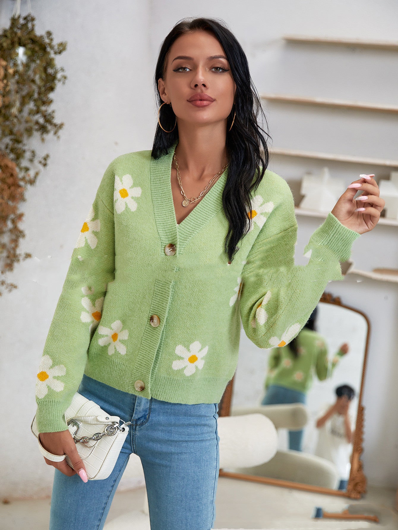 Green Little Daisy Cardigan Top Cardigan