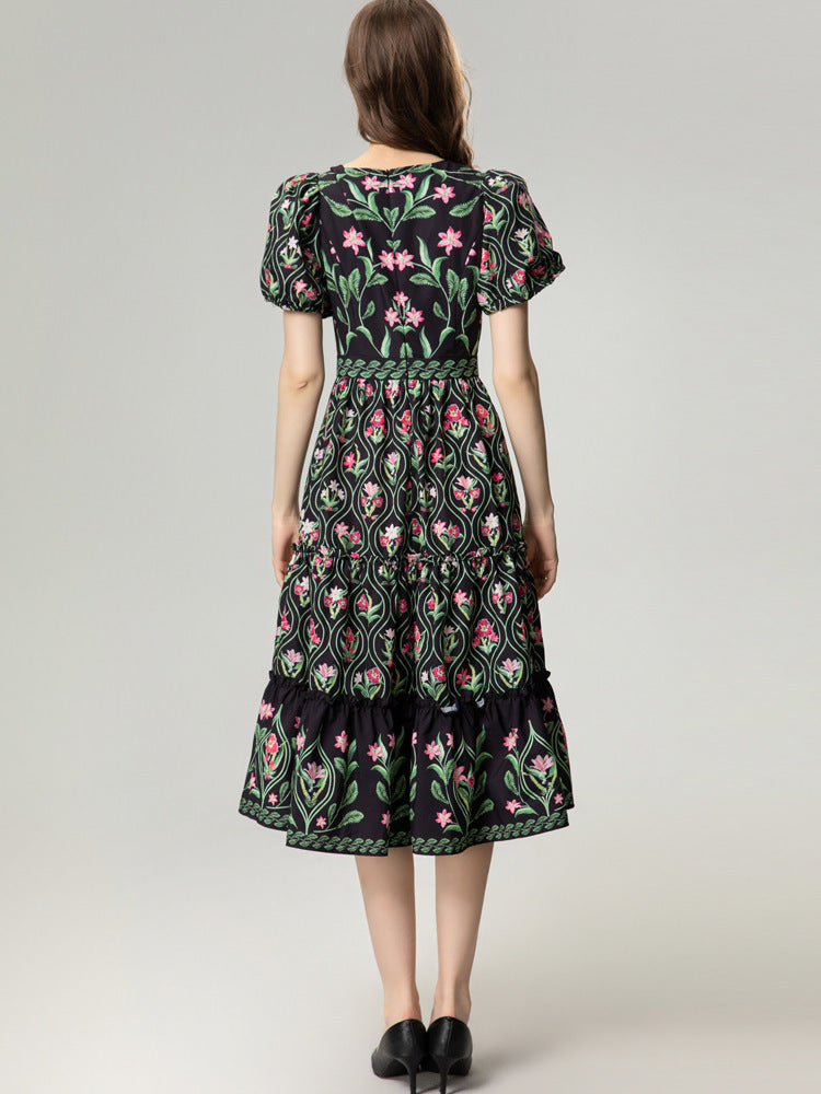 Vintage Print Romantic Dress Women