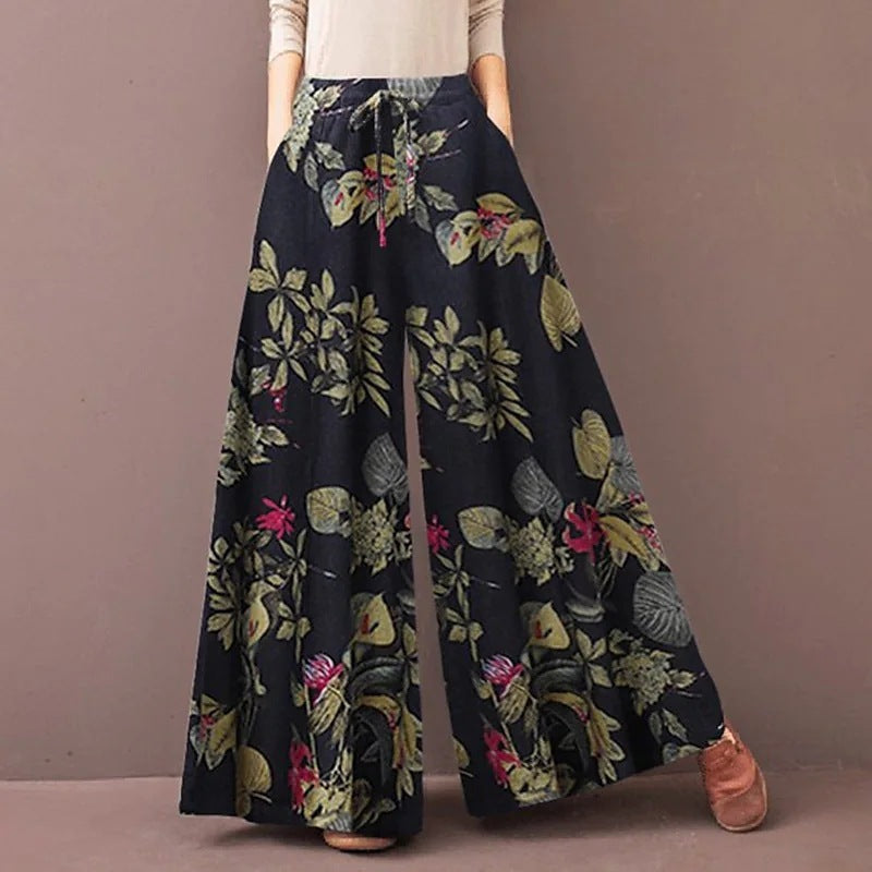 Women's Elastic Waist Casual Floral Wide-leg Pants