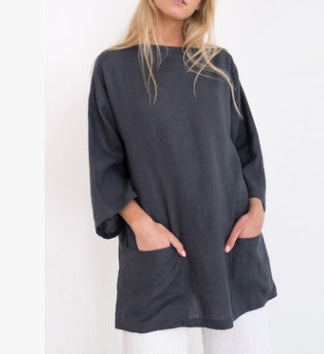 Solid Color Cotton And Linen Loose Pockets Half Sleeve Top