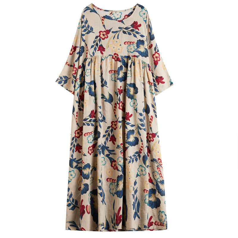 Plus Size Loose Panel Cotton Linen Print Short Sleeve Dress