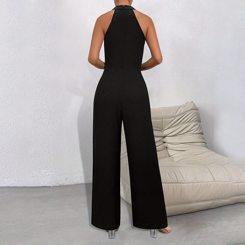 Solid Color Elegant Commuter Halter Sleeveless Long Jumpsuit