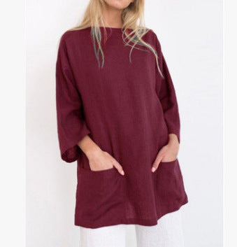 Solid Color Cotton And Linen Loose Pockets Half Sleeve Top