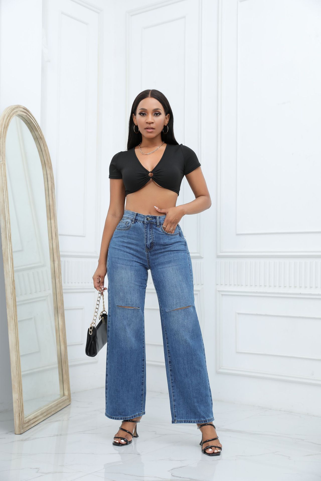 Elegant Ripped Wide-leg Jeans Women