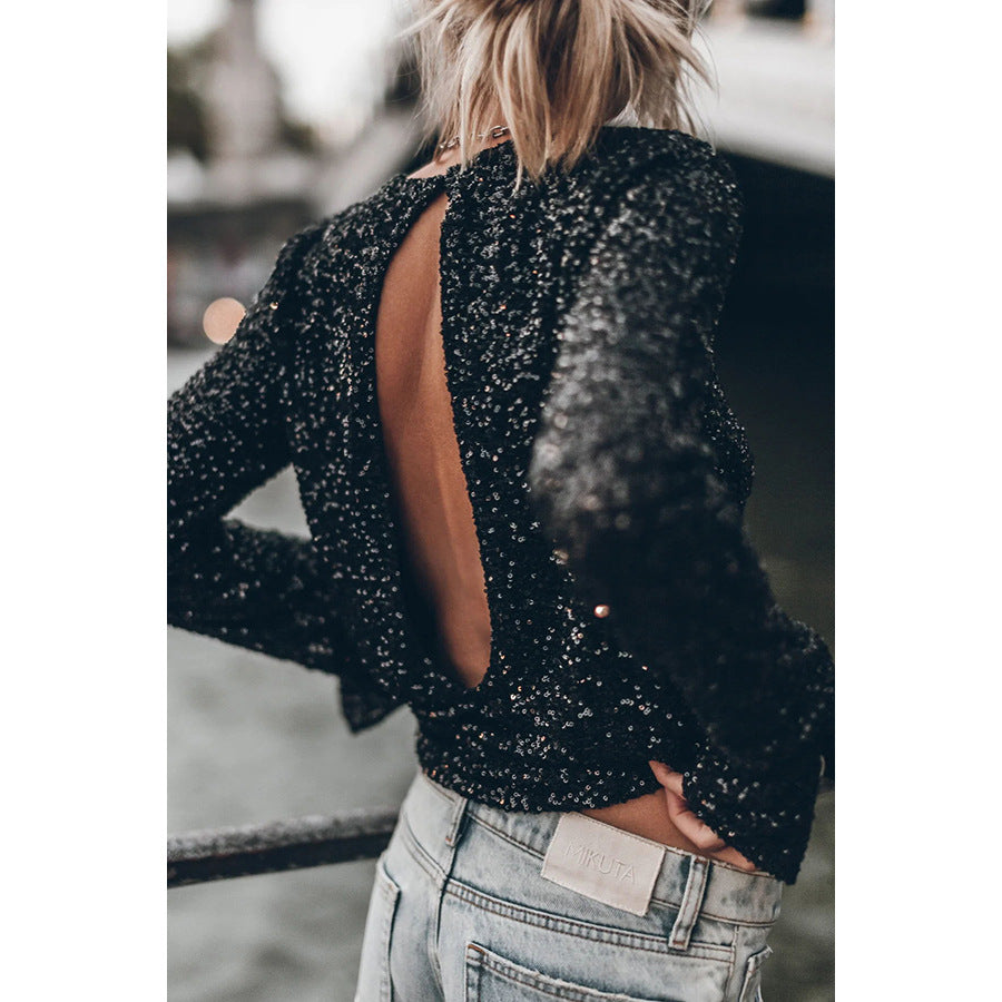 European And American Party Sequined Long Sleeve Round Neck Shirt