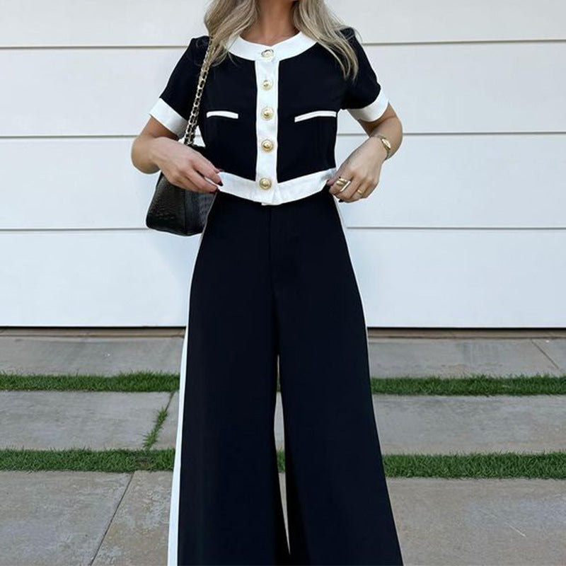 Commuter T-shirt Shory Style Top Straight-leg Pants Suit Two-piece Set