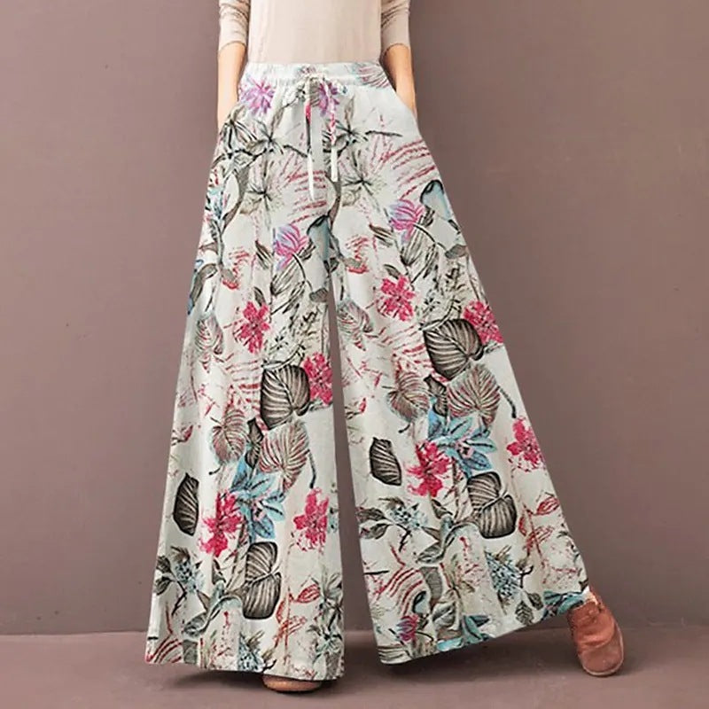 Women's Elastic Waist Casual Floral Wide-leg Pants